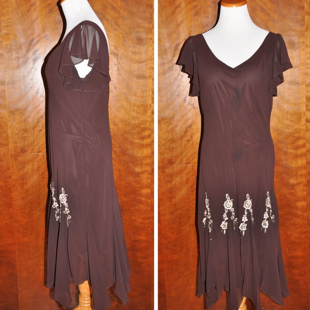 SL Fashions Dark Brown Below the Knee Dress With Short Wing Sleeves & Appliques